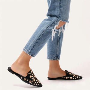 Josephine Rose Gold Stud Backless Loafers in Black