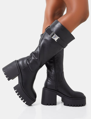 Alaska Wide Fit Black Pu Rounded Toe Chunky Soled Block Heel Knee High Boots