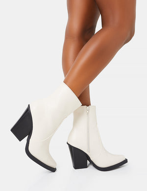 Jessie Wide Fit White Pu Western Pointed Toe Black Contrast Sole Block Heeled Ankle Boots