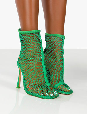 Leo Green Mesh Netted Square Toe Stiletto Heeled Boots