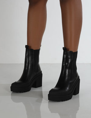 Liah Black PU Chunky Sole Heeled Ankle Boots