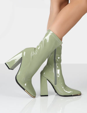 Liberty Green Pu Sock High Heeled Ankle Boots
