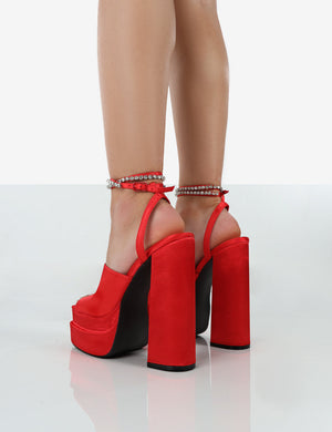 Lilibet Red Satin Diamante Lace Up Strapping Open Toe Statement Platform Block Heels