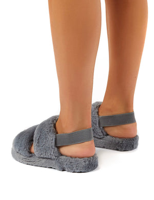 Lullaby Grey Fluffy Strap Back Slippers