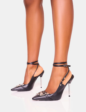 Luxe Black Love Hardware Lace Up Silver Stiletto Court Heel