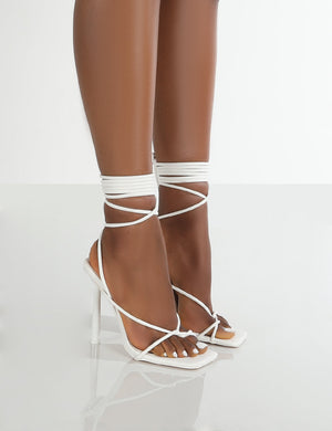 Lacey Wide Fit White PU Square Toe Strappy Lace Up Heels