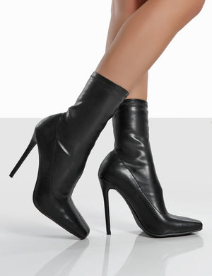 Lars Black Pu Wide Fit Sock High Heeled Ankle Boots