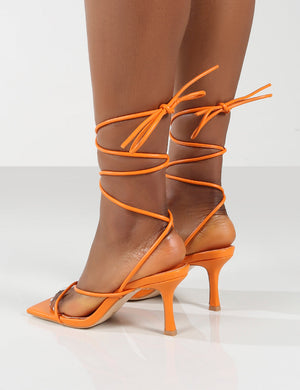 Amber x Public Desire Minimale WF Orange PU Twist Front Strappy Heel