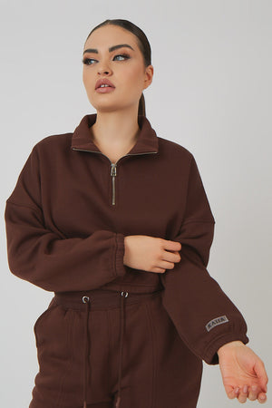 Oversized Half Zip Pullover Gathered Hem Sweat Chocolate