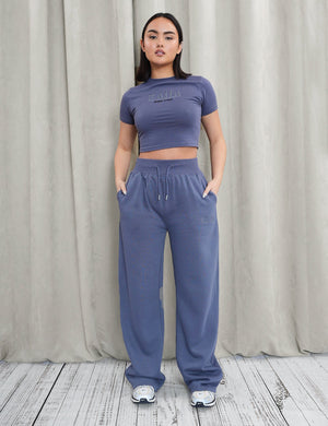 Kaiia Shadow Logo Ribbed Waistband Wide Leg Sweat Pants Slate Blue