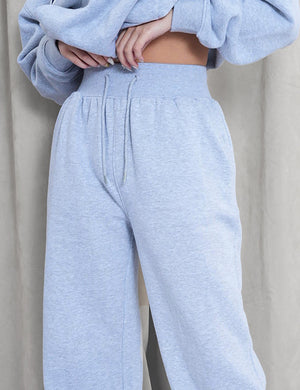 Kaiia Ribbed Waistband Baggy Wide Leg Sweat Pants Grey Marl