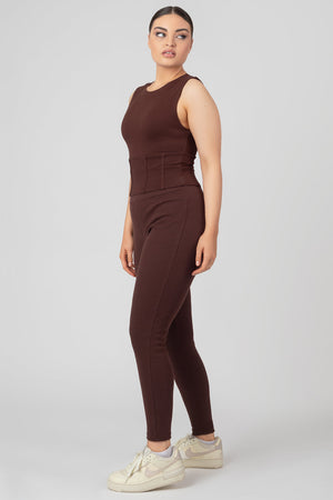 Thick Waistband Ribbed Leggings In Chocolate