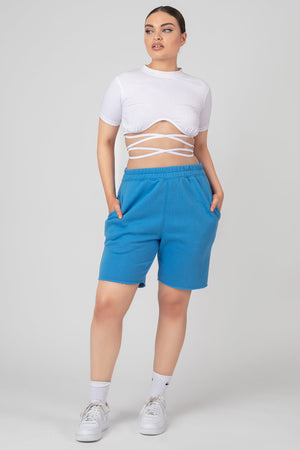 Long Line Raw Hem Shorts Blue