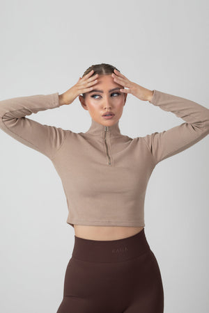 High Neck Half Zip Top Light Taupe