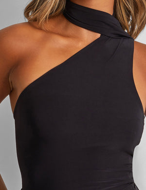 One Shoulder Scarf Crop Top Black