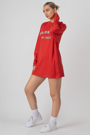 Columbia Slogan Long Sleeved T-Shirt Dress Red