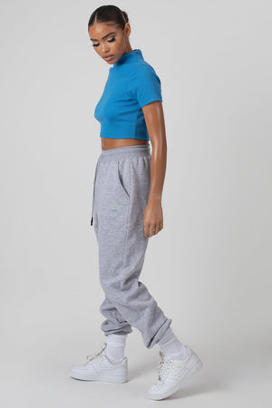 High Neck Ribbed Cropped T Shirt Blue