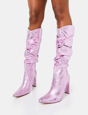 Manhattan Metallic Pink Pointed Toe Knee High Narrow Block Heel Boots