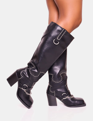 Nashville Wide Fit Black Western Studded Block Heel Knee High Boot
