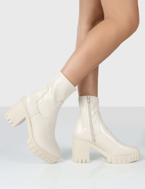 Obstacle Ecru Chunky Heeled Ankle Boots