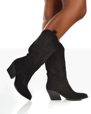 Arizona Black Faux Suede Western Embroidered Pointed Toe Knee High Cowboy Boots