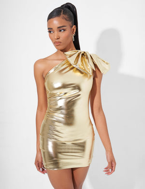 Oversized Bow Detail One Shoulder Mini Dress Gold