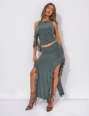 Ruffle Knot Detail Crop Top Co Ord Green
