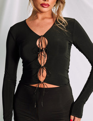 Slinky Cut Out Bow Detail Long Sleeve Top Black