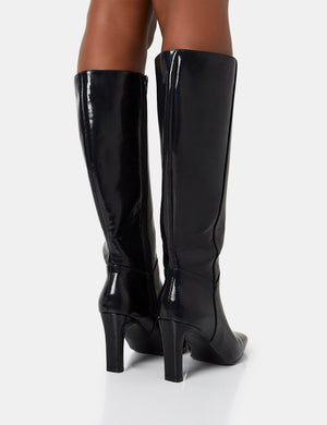 Pose Black Textured Pu Zip Up Knee High Slim Block Heeled Boots