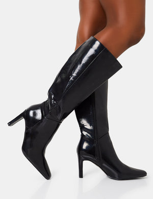Pose Wide Fit Black Textured Pu Zip Up Knee High Slim Block Heeled Boots