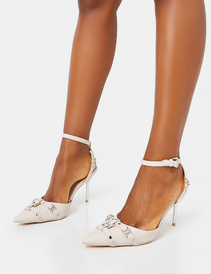 Prowl Cream Pu Strappy Metal Detailed Slingback Wrap Around the Ankle Pointed Court Stiletto Heels