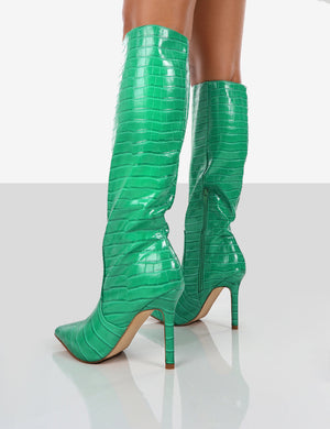Rosalie Wide Fit Green Croc Heeled Pointed Toe Knee High Boots