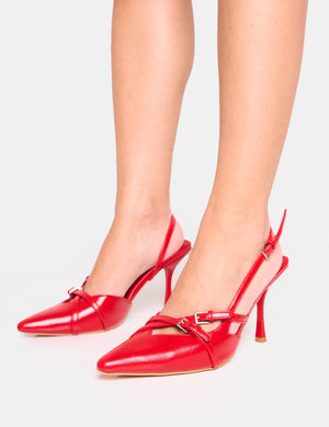 Smooch Red Buckle Detail Slingback Mid Heel Court Shoe