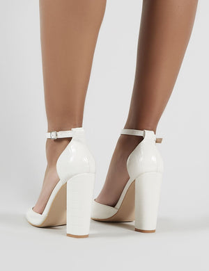 Sofia Pointed Block Heels in White Croc