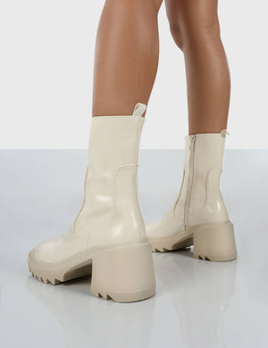 Sway Ecru PU Heeled Wellies Ankle Boots