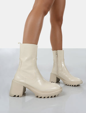 Sway Ecru PU Heeled Wellies Ankle Boots