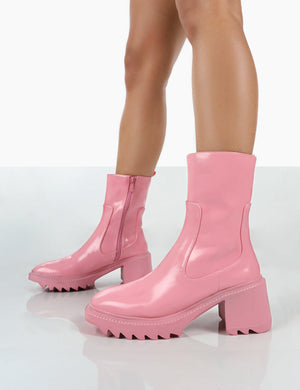 Sway Pink PU Heeled Wellies Ankle Boots