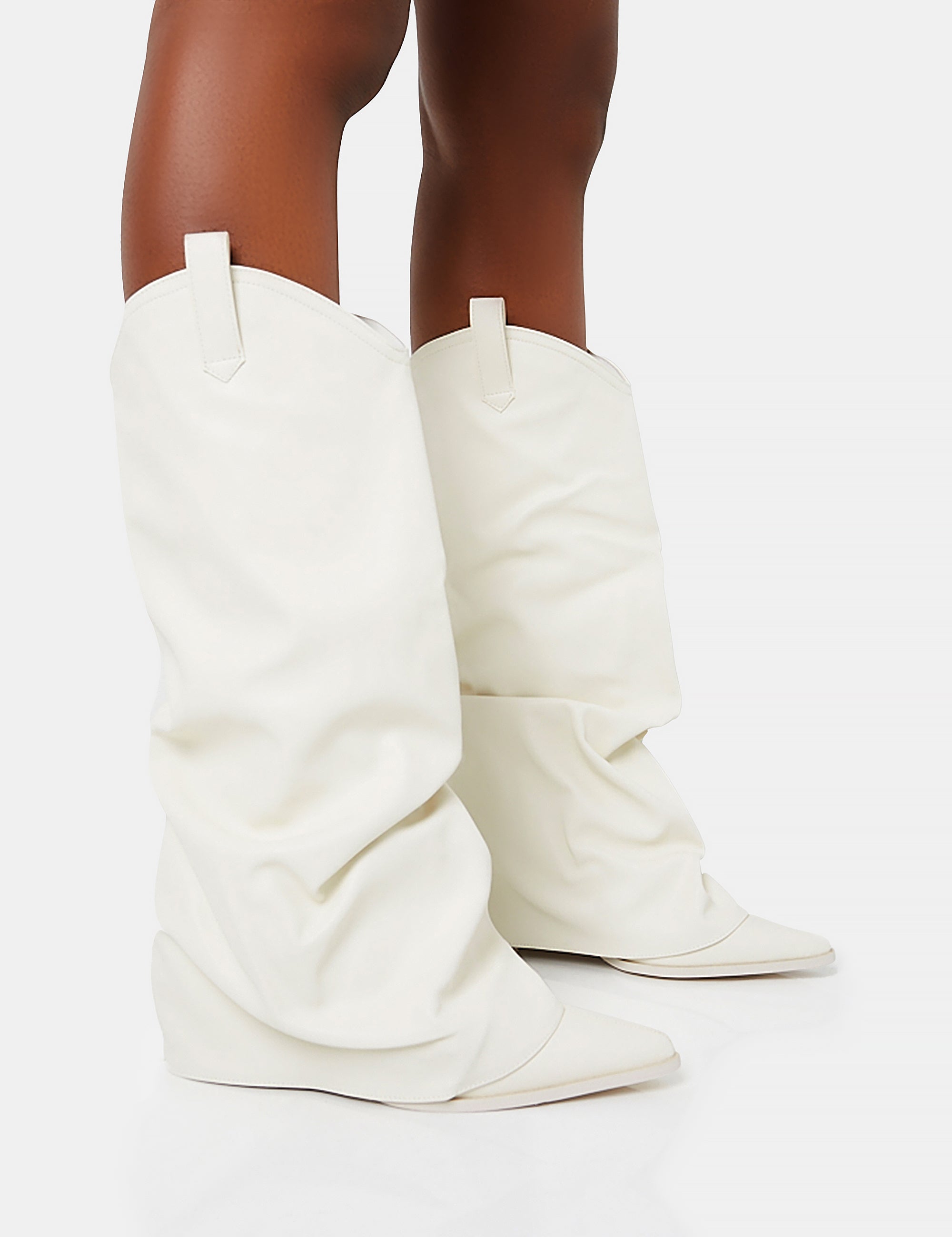 Sheriff White Pu Western Inspired Fold Over Pointed Toe Block Heeled Cowboy Knee High Boots Public Desire Public Desire AU