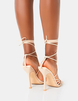 Solange Nude Patent Lace Up Strappy Square Toe High Heels
