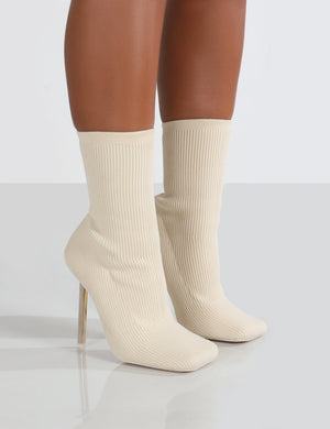 Souffle Ecru Knit Stiletto Heel Sock Ankle Boot