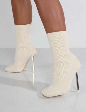 Souffle Ecru Knit Stiletto Heel Sock Ankle Boot