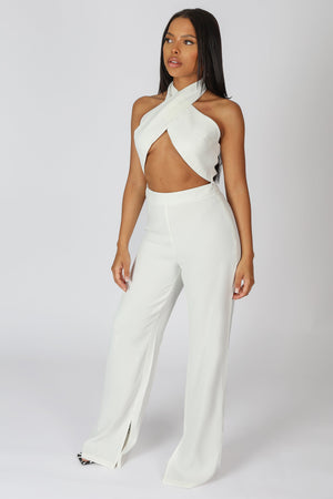 Cross Front Halter Wide Leg Jumpsuit White