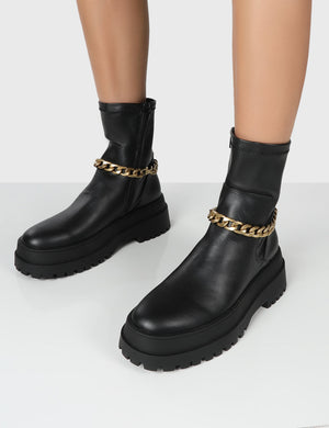 Tessa Black Chunky Chain Detail Ankle Boots