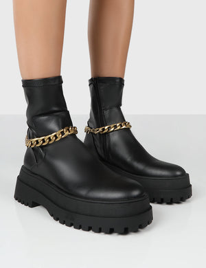 Tessa Black Chunky Chain Detail Ankle Boots