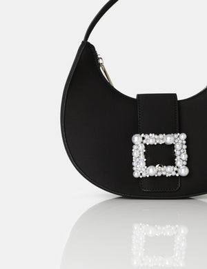 The Pearl Black Satin Pearled Buckle Mini Bag