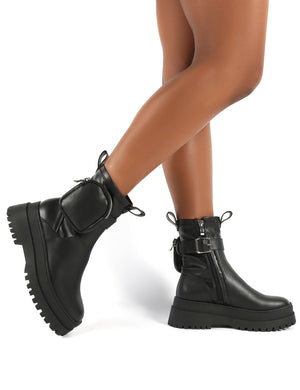 Thought Black Pu Pocket Chunky Sole Ankle Boot