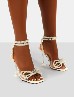 Glimmer White Wrap Around Pearl Detail Bow Square Toe Cake Stand Heels