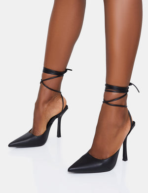 Verity Black Pu Slingback Lace Up Pointed Court Stiletto Heels
