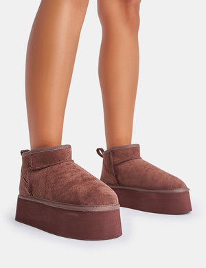 Willow Chocolate Faux Suede Ultra Mini Ankle Triple Platform Boots
