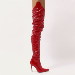 Houdini Extreme Thigh High Vinyl Boots in Red Patent